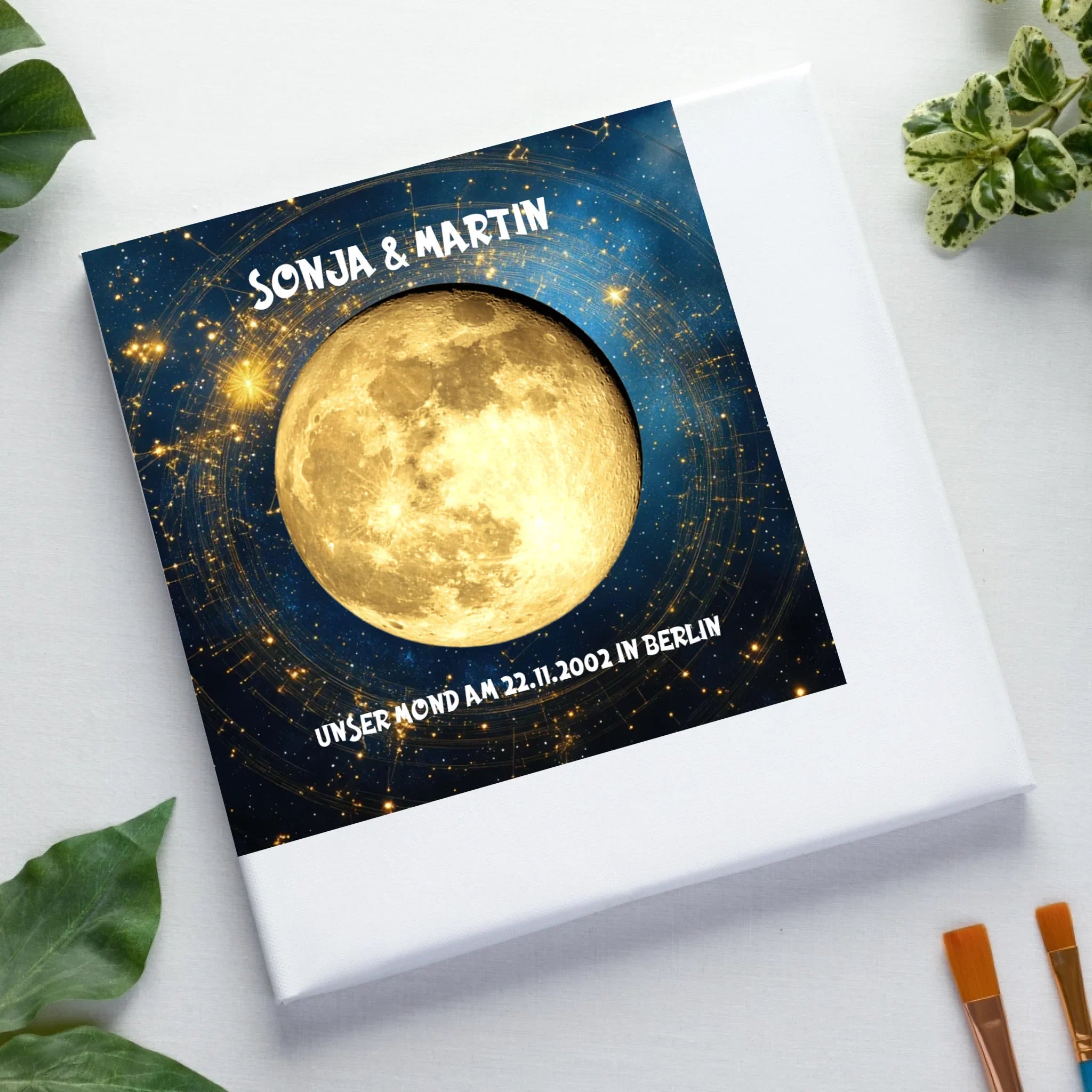 MONDPHASE (Blau/Silber/Gold) mit Wunschtext • Leinwand 50x50 cm • personalisierbar