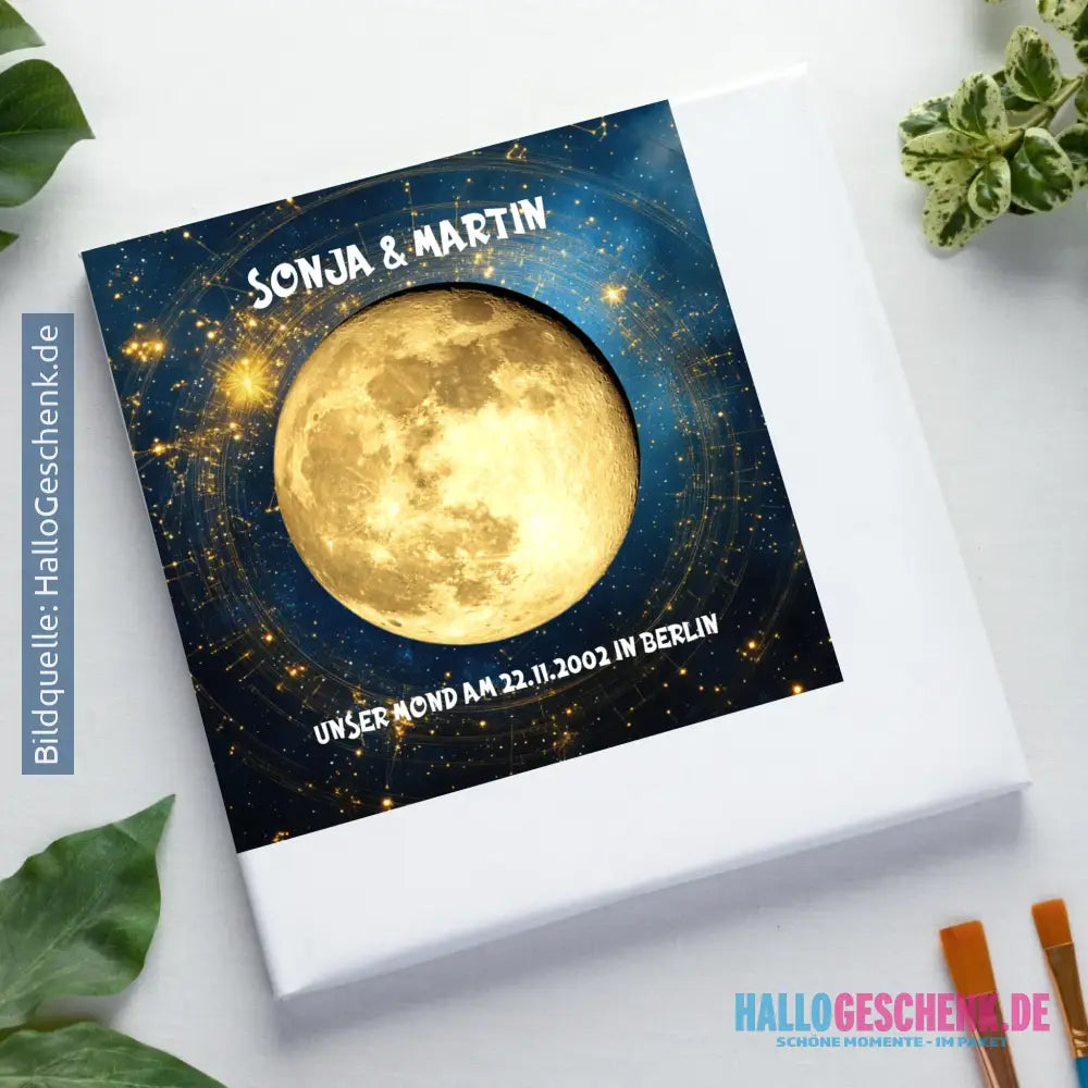 MONDPHASE (Blau/Silber/Gold) mit Wunschtext • Leinwand 50x50 cm • personalisierbar - Leinwand auf Holzkeilrahmen