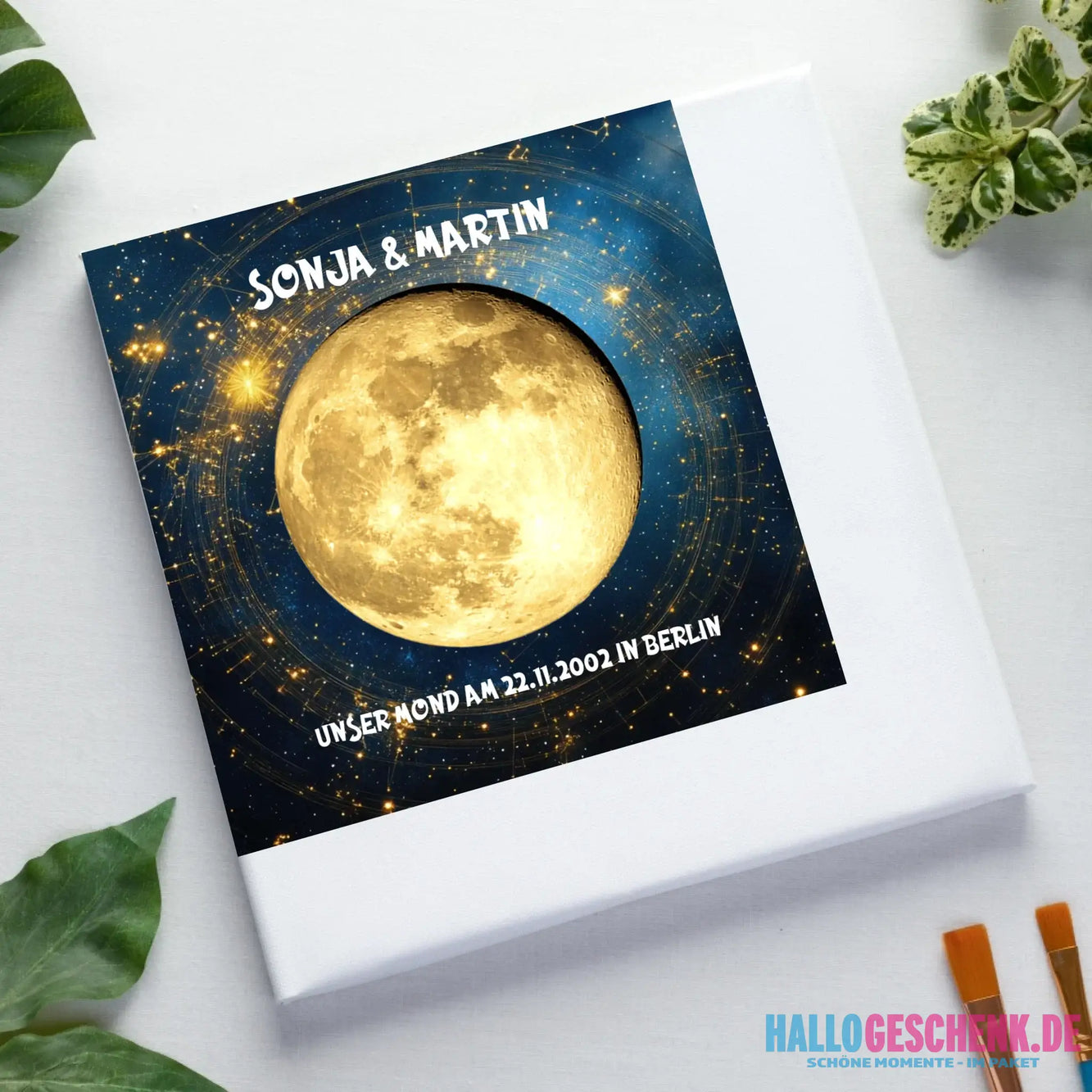 MONDPHASE (Blau/Silber/Gold) mit Wunschtext • Leinwand 50x50 cm • personalisierbar - Leinwand auf Holzkeilrahmen