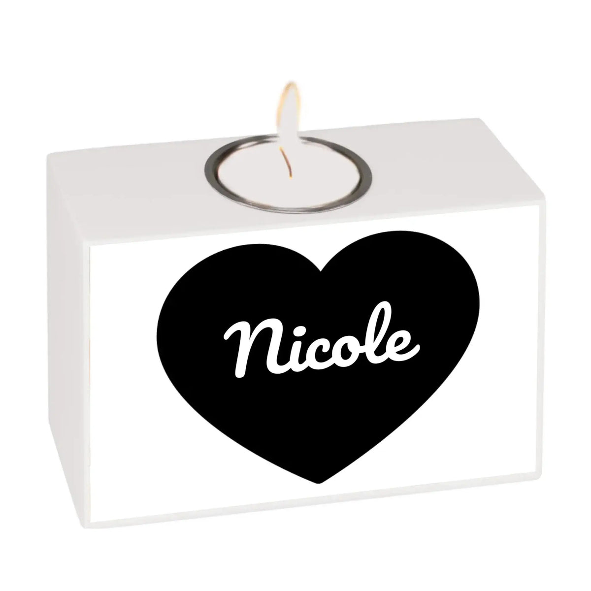 Weißer rechteckiger teelichthalter mit schwarzem herz und name nicole in weißer schrift motív-teelichthalter 13x9x5 cm