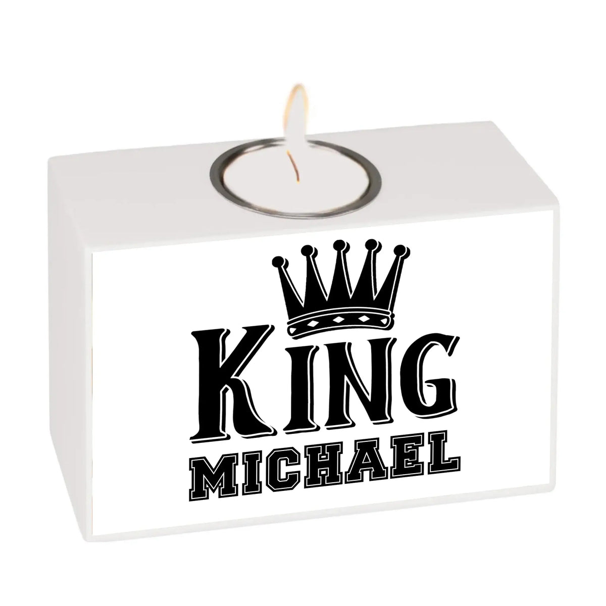 Weißer rechteckiger teelichthalter mit schwarzem king michael design und eingebettetem tealight 13x9x5 cm