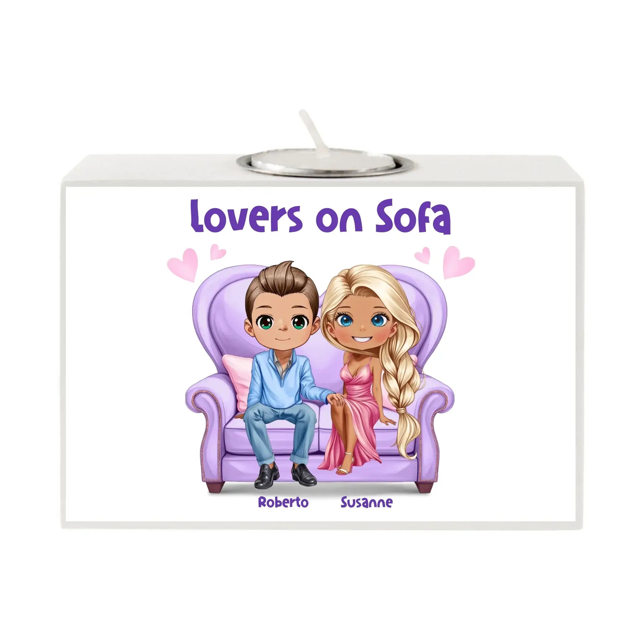 Weißer rechteckiger motiv-teelichthalter lovers on sofa mit cartoon roboter und susanne auf violettem sofa 13x9x5 cm