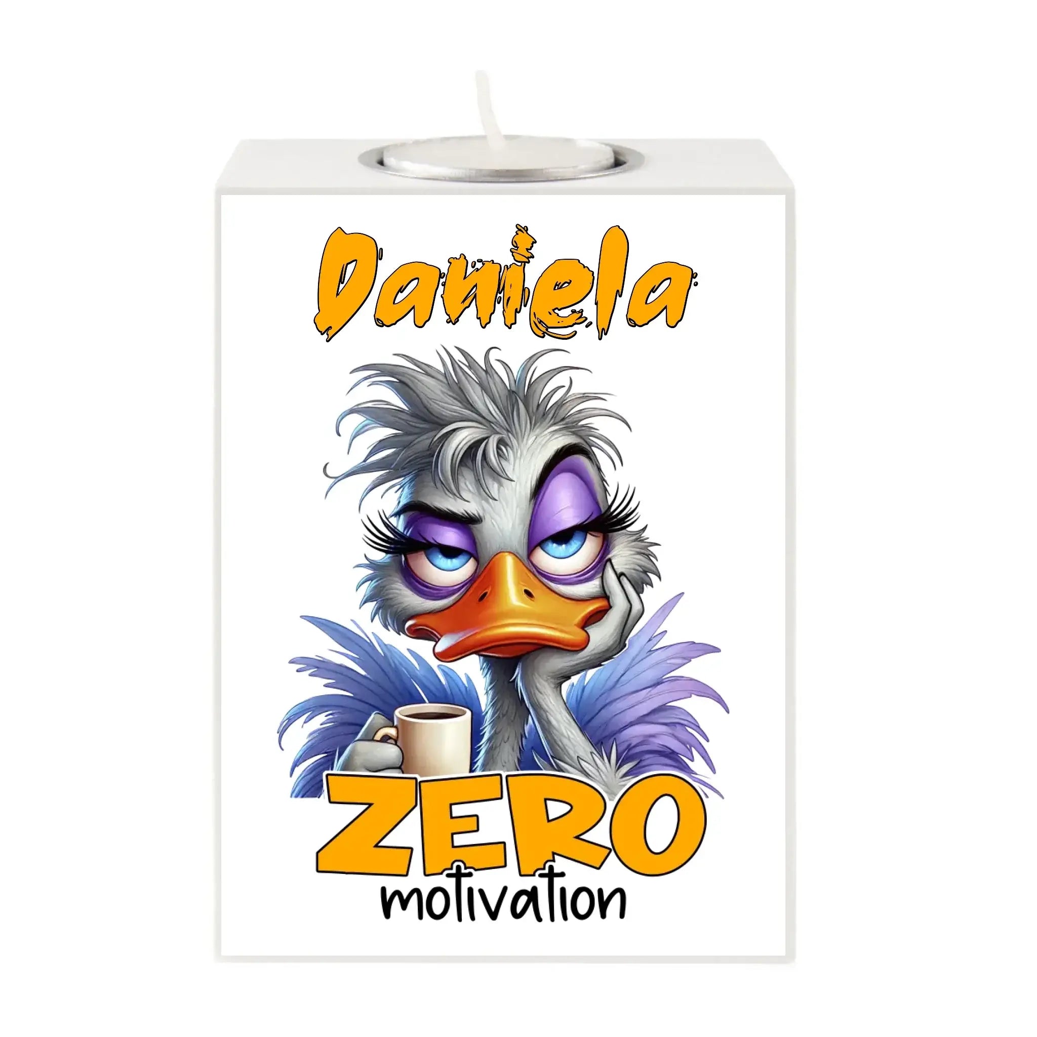 Weißer rechteckiger teelichthalter mit cartoon nandu in grau lila und orange kaffeetasse personalisiert mit name daniela und text zero motivation
