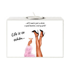Weißer rechteckiger teelichthalter motiv party legs mit illustration von beinen in schwarzen high heels und rosa federn boa