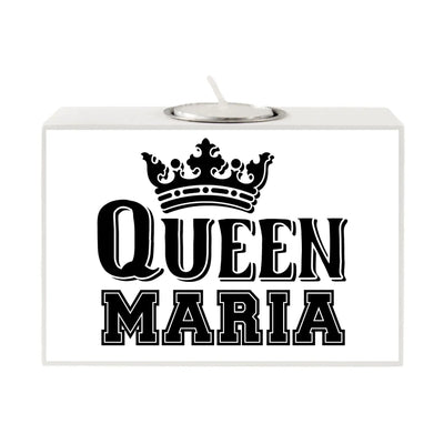 Weißer rechteckiger motiv-teelichthalter queen mit schwarzem text crown design und silbernem teelichtbecher oben