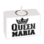 Weißer rechteckiger motiv-teelichthalter queen maria mit schwarzem königskronen-design und eingebettetem teelicht