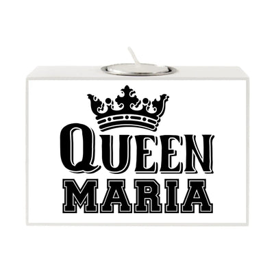 Weißer rechteckiger teelichthalter queen maria mit schwarzem text krone und silberner teelichtschale oben