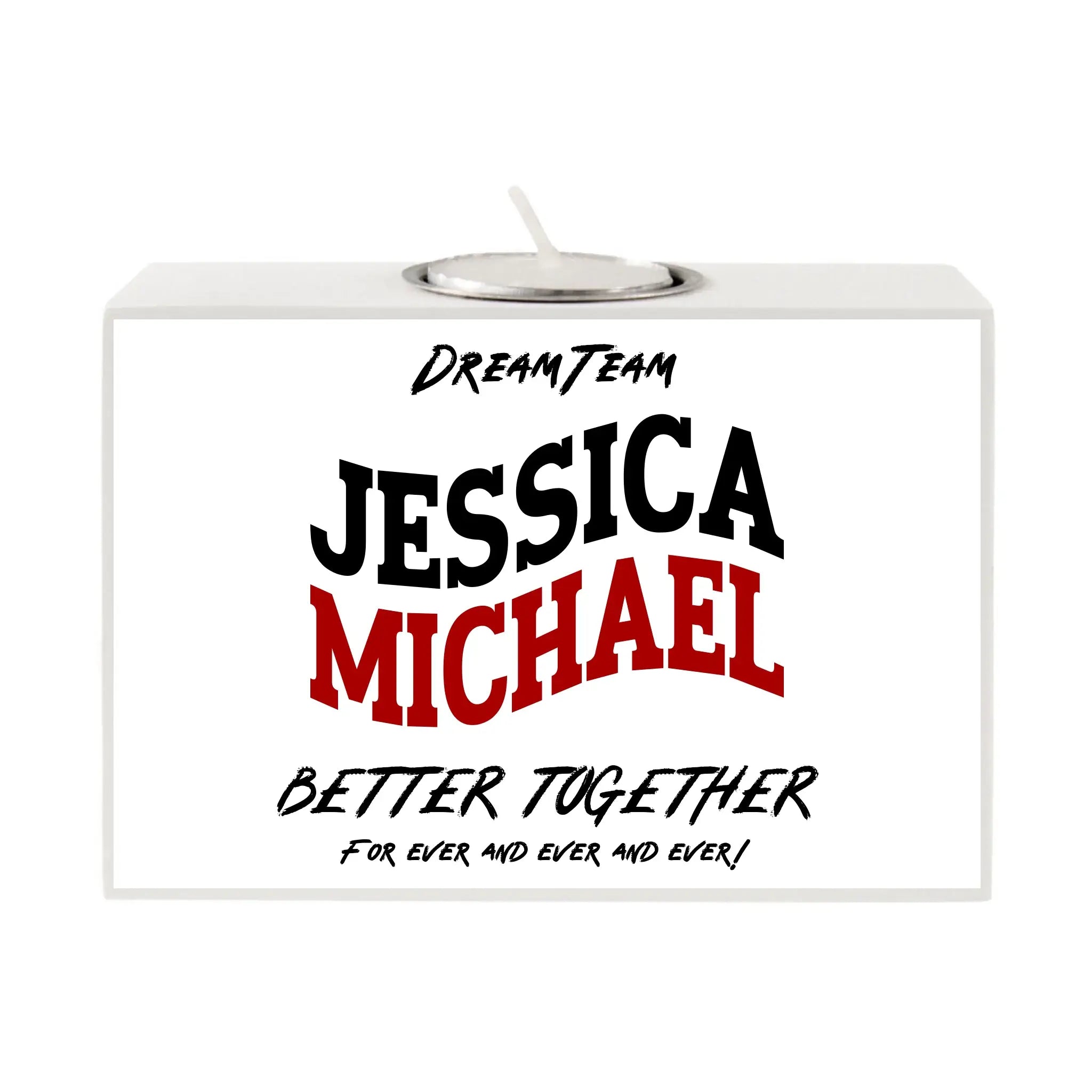 Weißer rechteckiger motiv-teelichthalter mit silberner metall-teelichthalterung und personalisiertem text dream team jessica michael