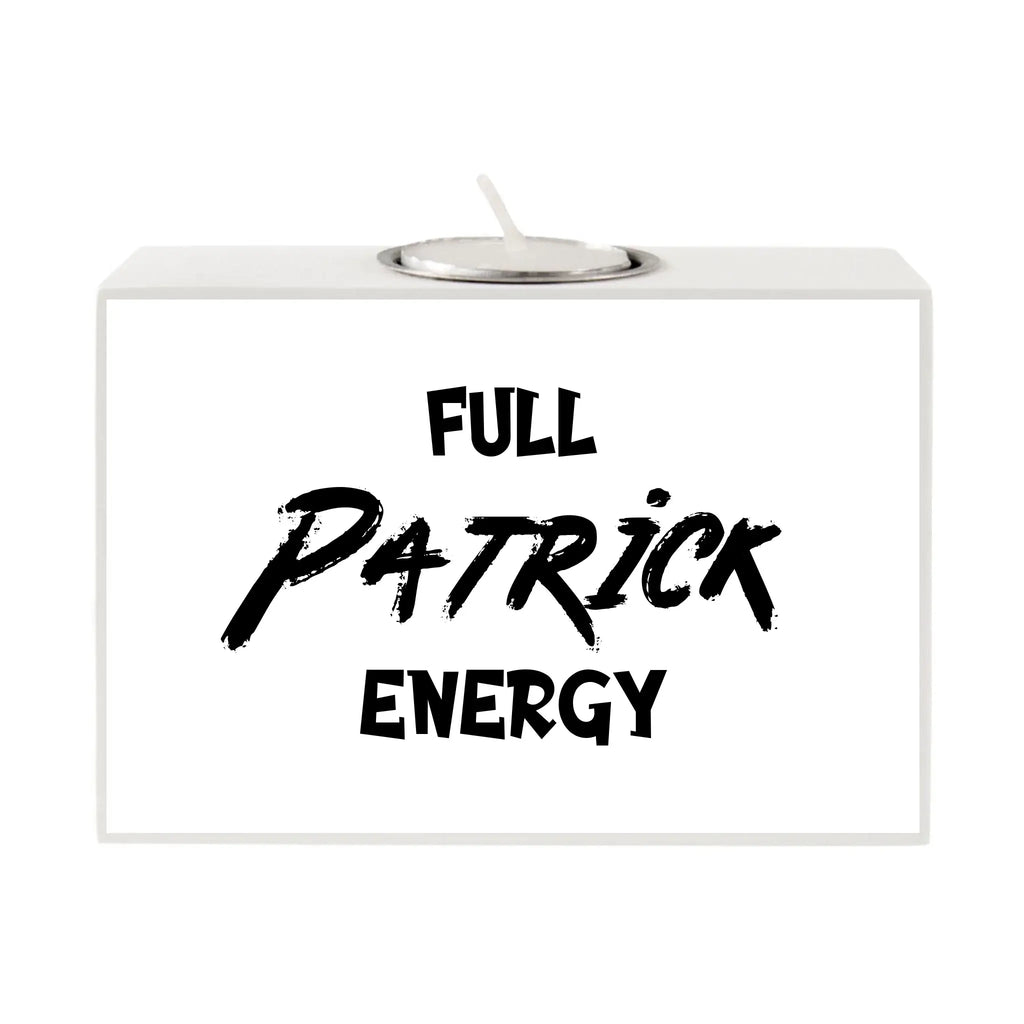 Weiß rechteckiger motiv-teelichthalter mit silbernem metal-teelichtsockel und schwarzem full patrick energy text