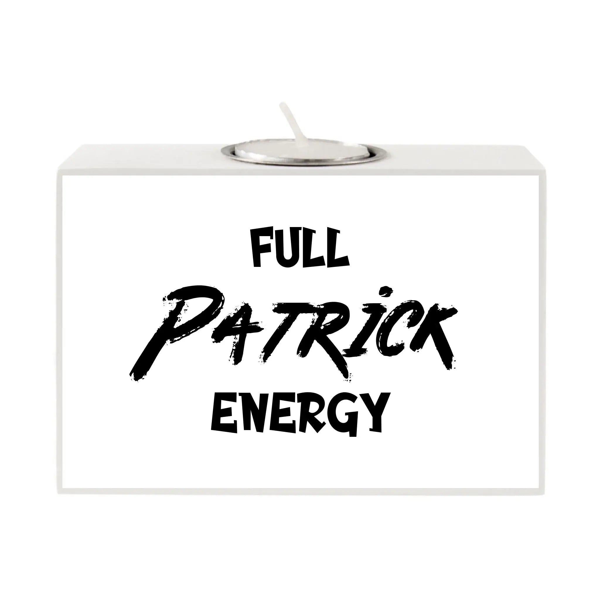 Weiß rechteckiger motiv-teelichthalter mit silbernem metal-teelichtsockel und schwarzem full patrick energy text