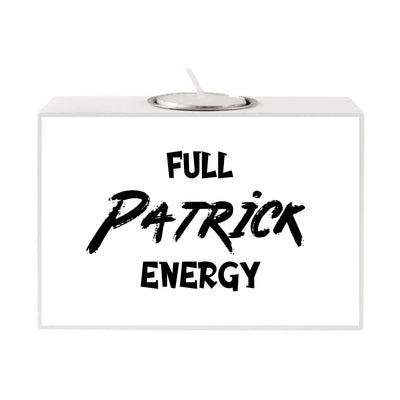 Weiß rechteckiger motiv-teelichthalter mit silbernem metal-teelichtsockel und schwarzem full patrick energy text