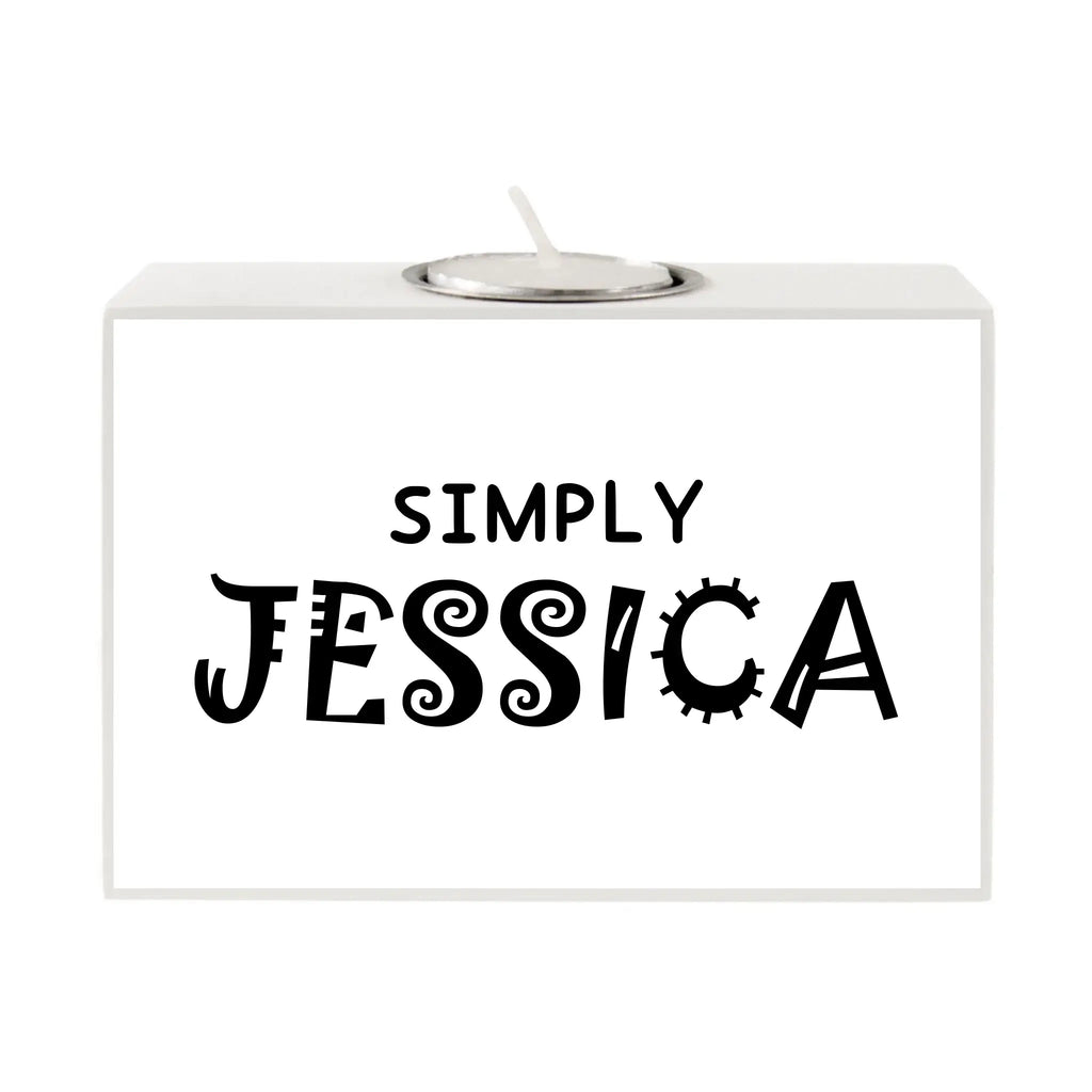 Weißer rechteckiger motiv-teelichthalter mit silberner metallfassung und schwarzer schrift simply jessica