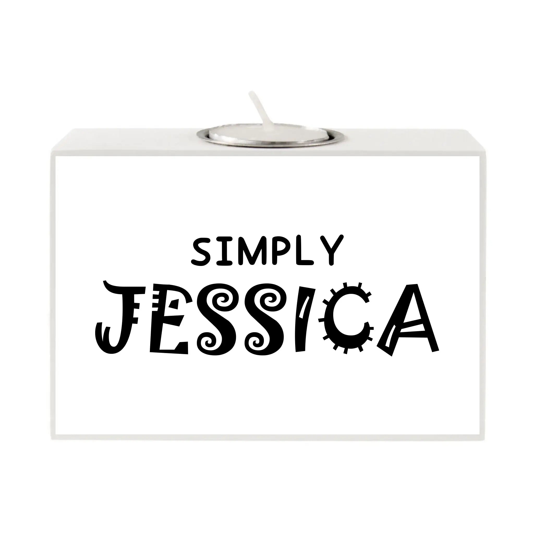Weißer rechteckiger motiv-teelichthalter mit silberner metallfassung und schwarzer schrift simply jessica
