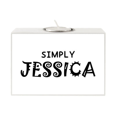 Weißer rechteckiger motiv-teelichthalter mit silberner metallfassung und schwarzer schrift simply jessica