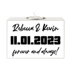 Weißes rechteckiges motiv-teelichthalter aus keramik mit silberner teelichtfassung und schwarzer gravur rebecca & kevin 11.01.2023 forever and always