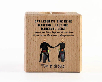 Motorrad Couple 2: Teelichthalter, Würfel aus Holz (Kerze, Kerzenständer) - HalloGeschenk.de #geschenkideen# #personalisiert# #geschenk#