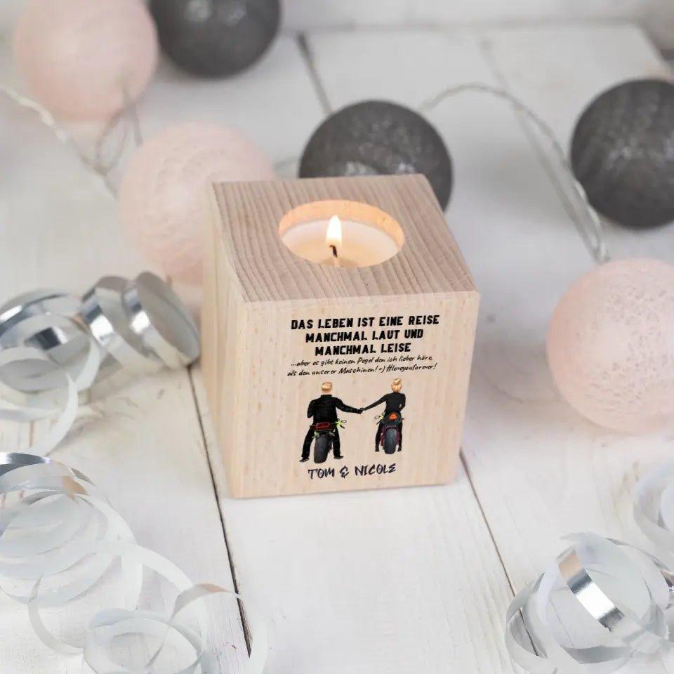 Motorrad Couple 2: Teelichthalter, Würfel aus Holz (Kerze, Kerzenständer) - HalloGeschenk.de #geschenkideen# #personalisiert# #geschenk#