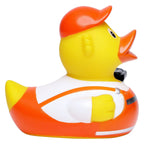GelbeQuietscheente mit orangefarbenem cap und weiß orange schwarzem racersuit als müllmann badeente