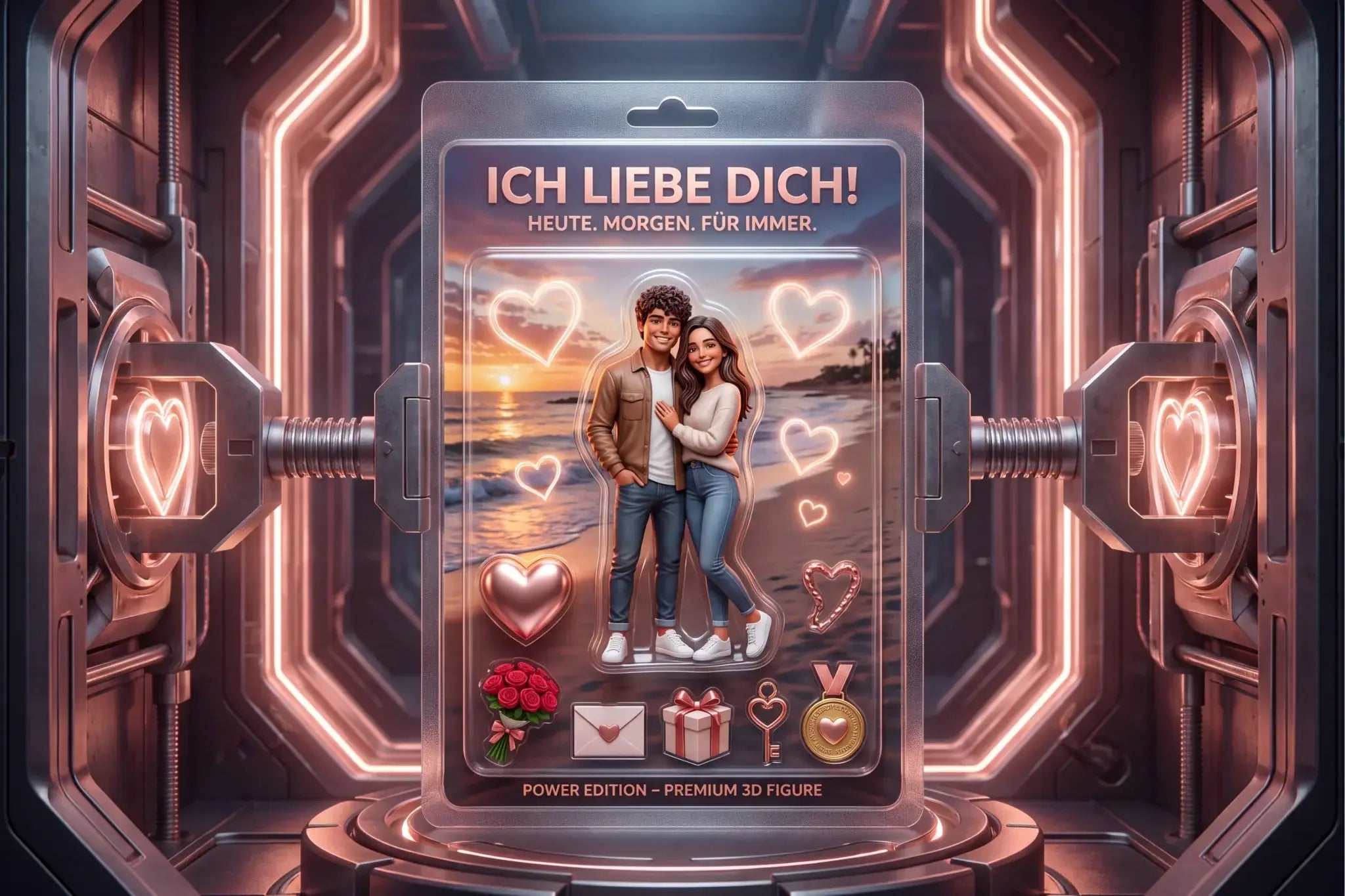 Glänzende transparente kunststoffverpackung mit 3d gedrucktem paar und ich liebe dich text für personalisierte geschenke