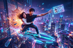 Neonblau leuchtendes spaceboard hoverboard mit futuristischem design von multi ki-effekt aus blechschild