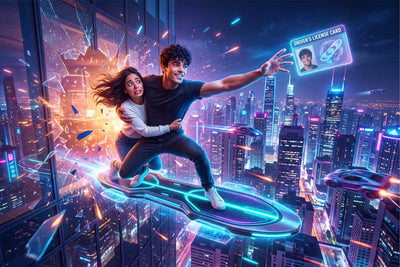 Neonblau leuchtendes spaceboard hoverboard mit futuristischem design von multi ki-effekt aus blechschild