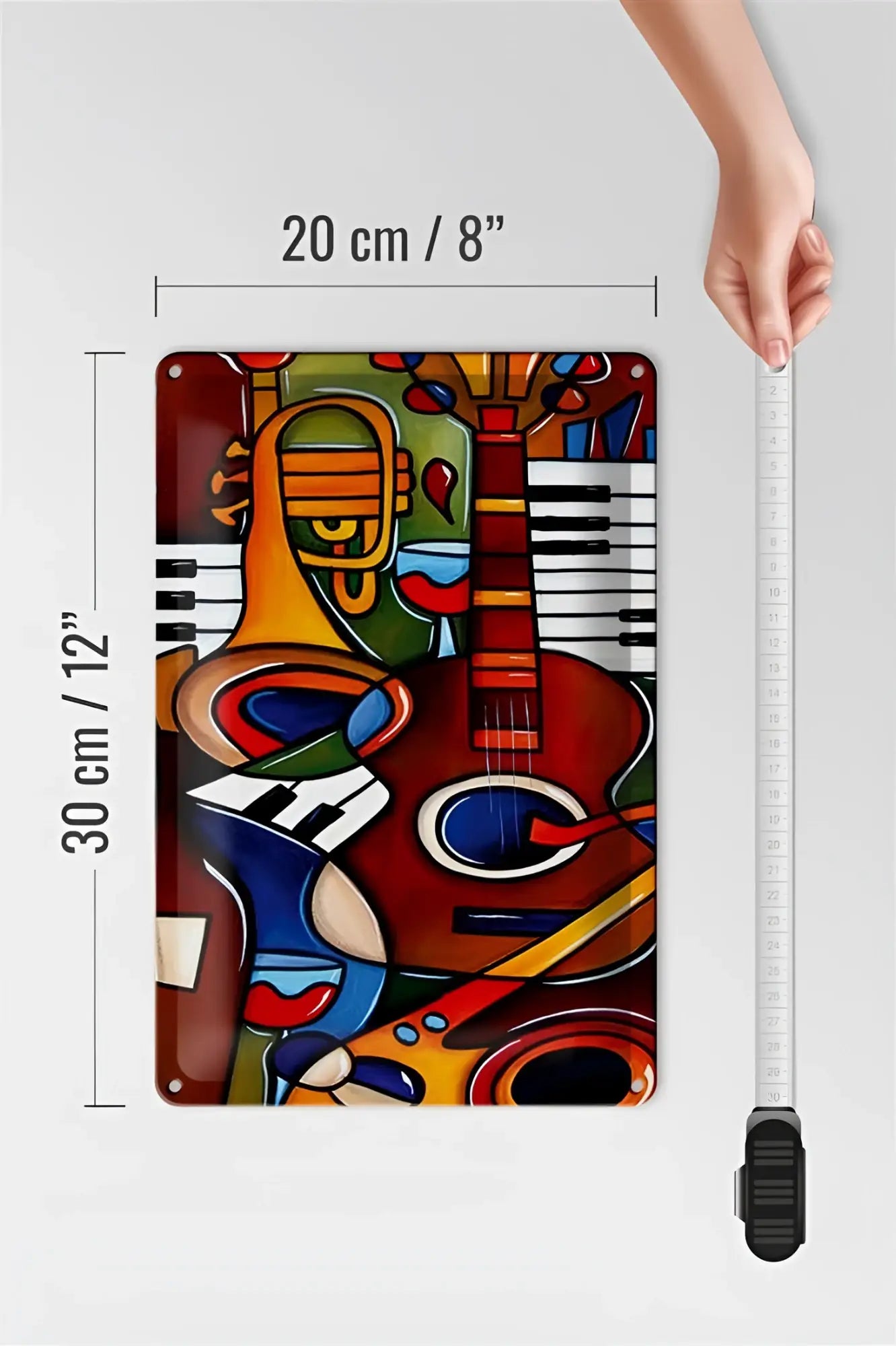 Leuchtendes abstractes metallschild musica 20x30cm mit bunten stilisierten musikinstrumenten und dynamischem design