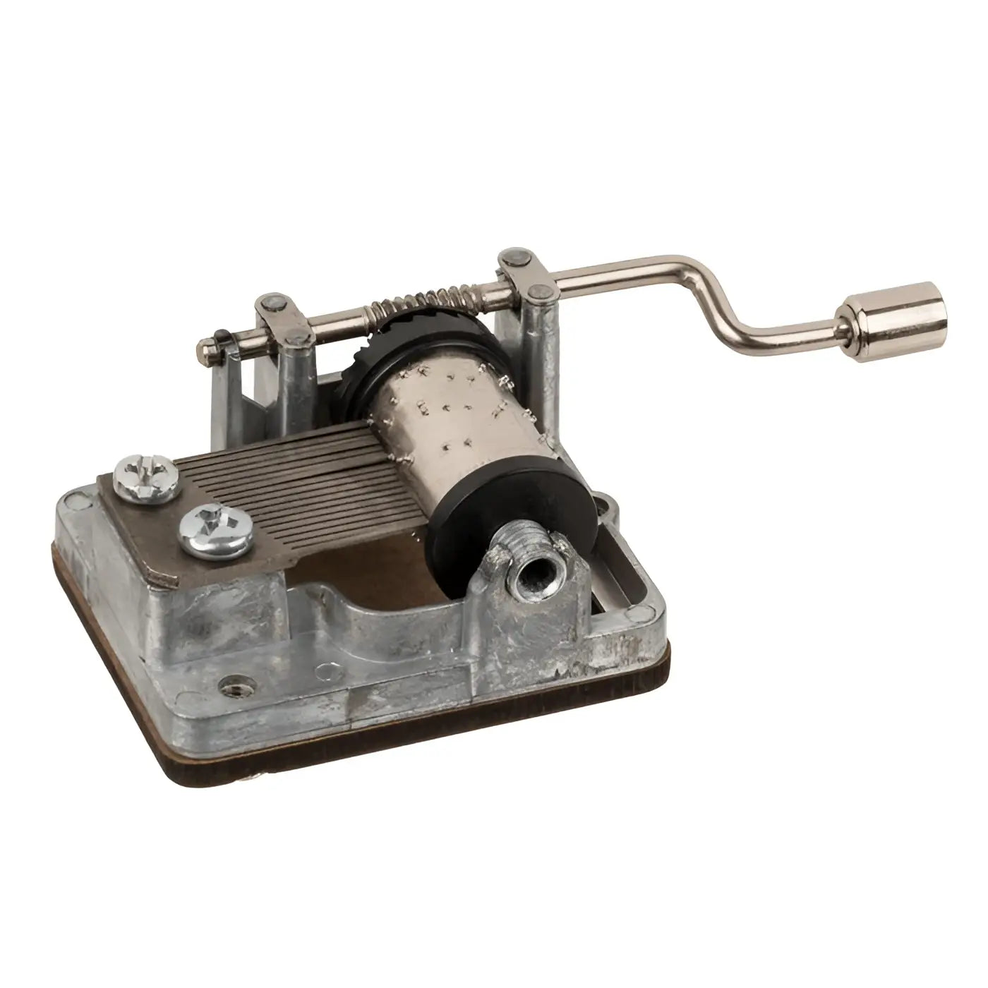 Silberner spieluhr aus metall mit kurbel und perforiertem zylinder zum spiel happy birthday to you circa 4 x 5 cm