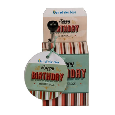 Vintage spieluhr happy birthday to you mit schwarzem kurbelgriff in gestreifter kartonverpackung von out von blau