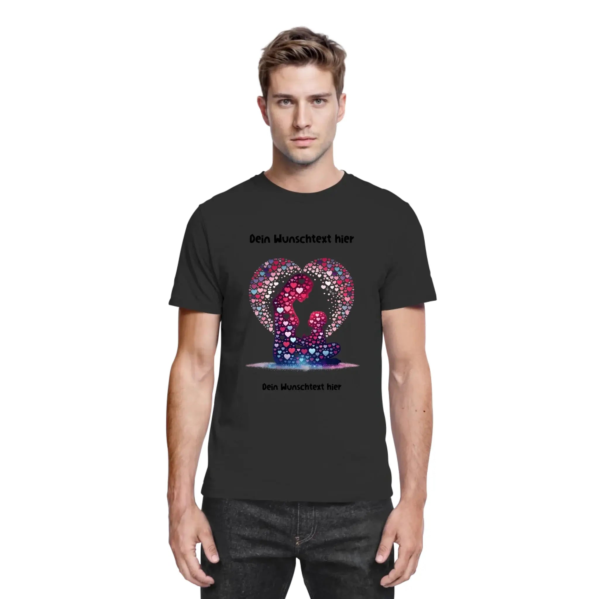 Schwarzes baumwoll t shirt mit buntem herzmotiv aus pinken und blauen herzen mutter und kind collection beste mama