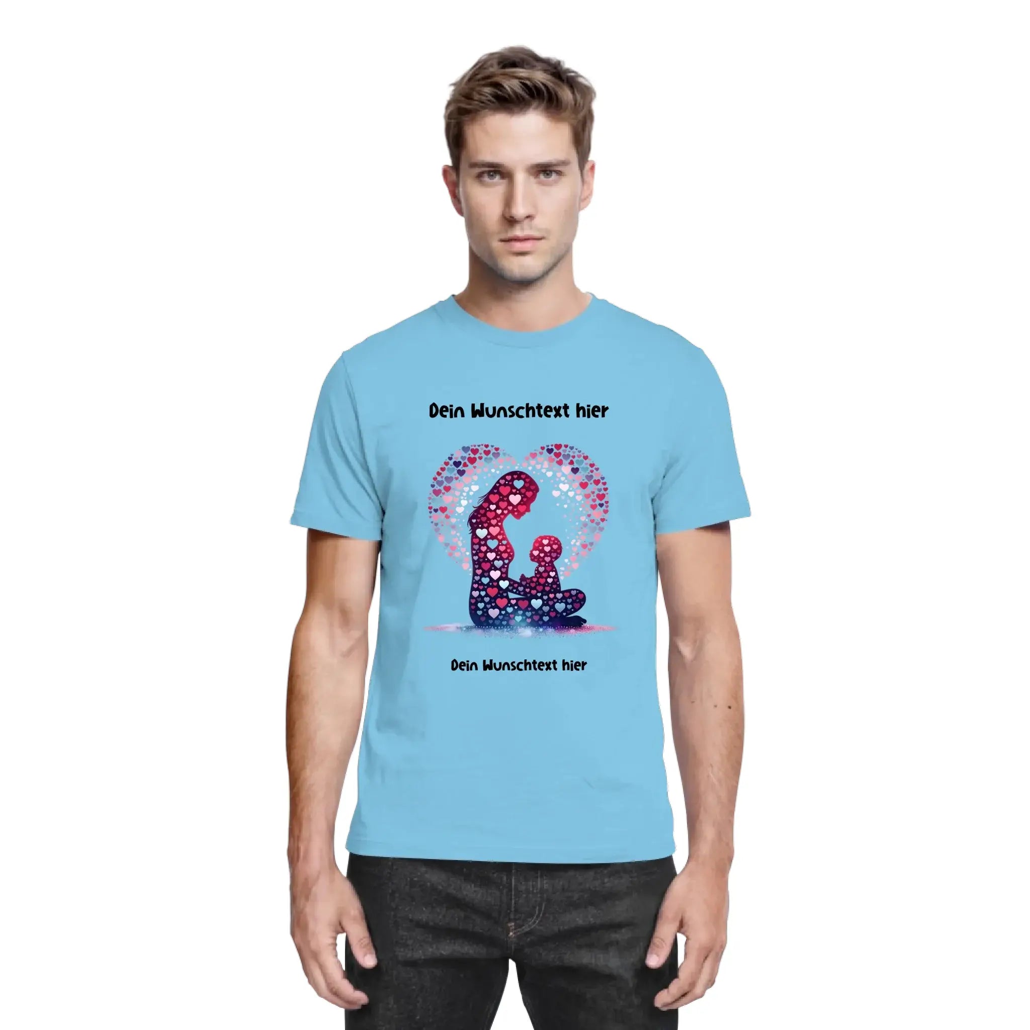 Hellblaues baumwollshirt mit herzförmigem punktemotiv und silhouette von mutter und kind aus der statement collection