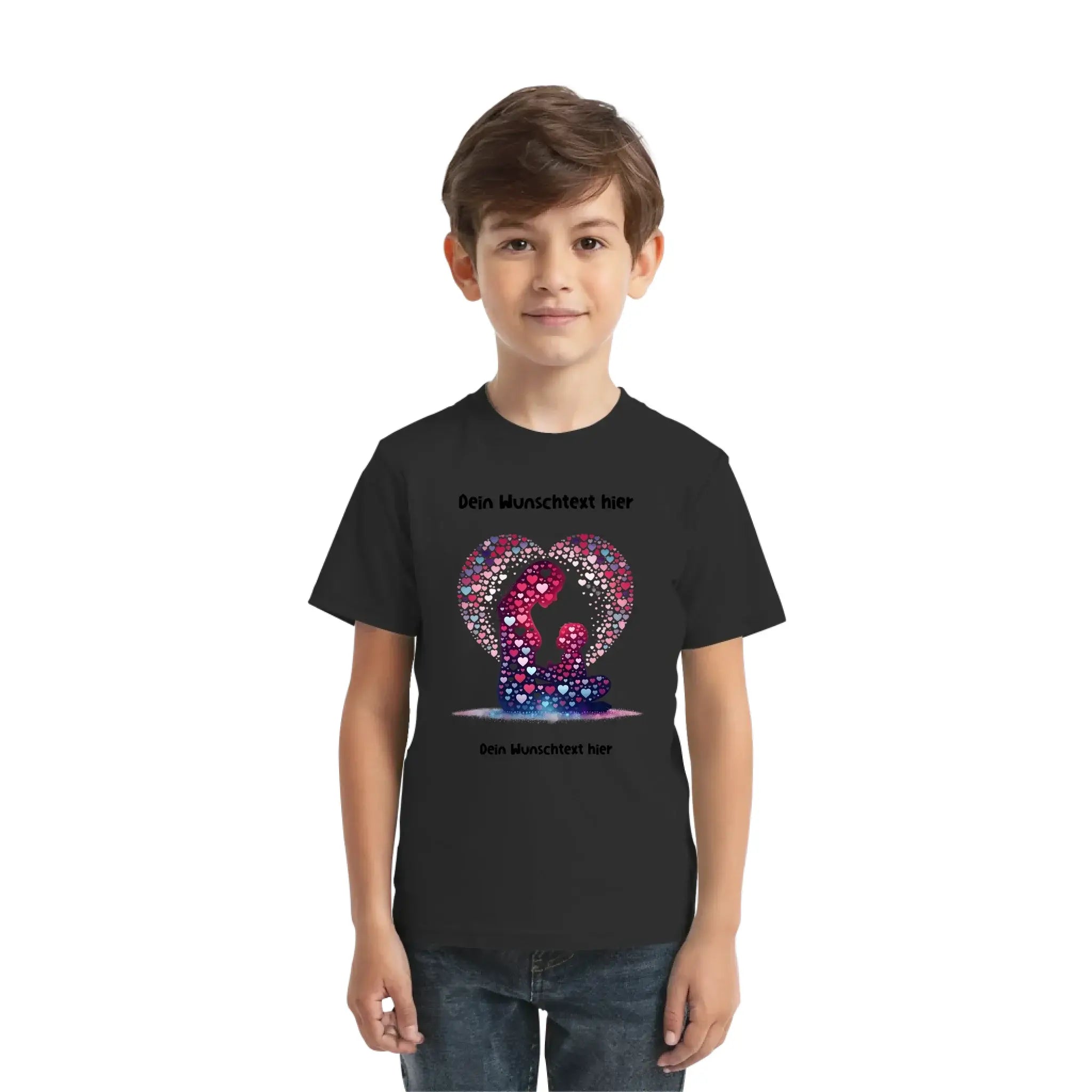 Schwarzes kurzarmshirt mit lebendigem herz aus rosa und lila punkten samt deinem wunschtext mutter und kind design
