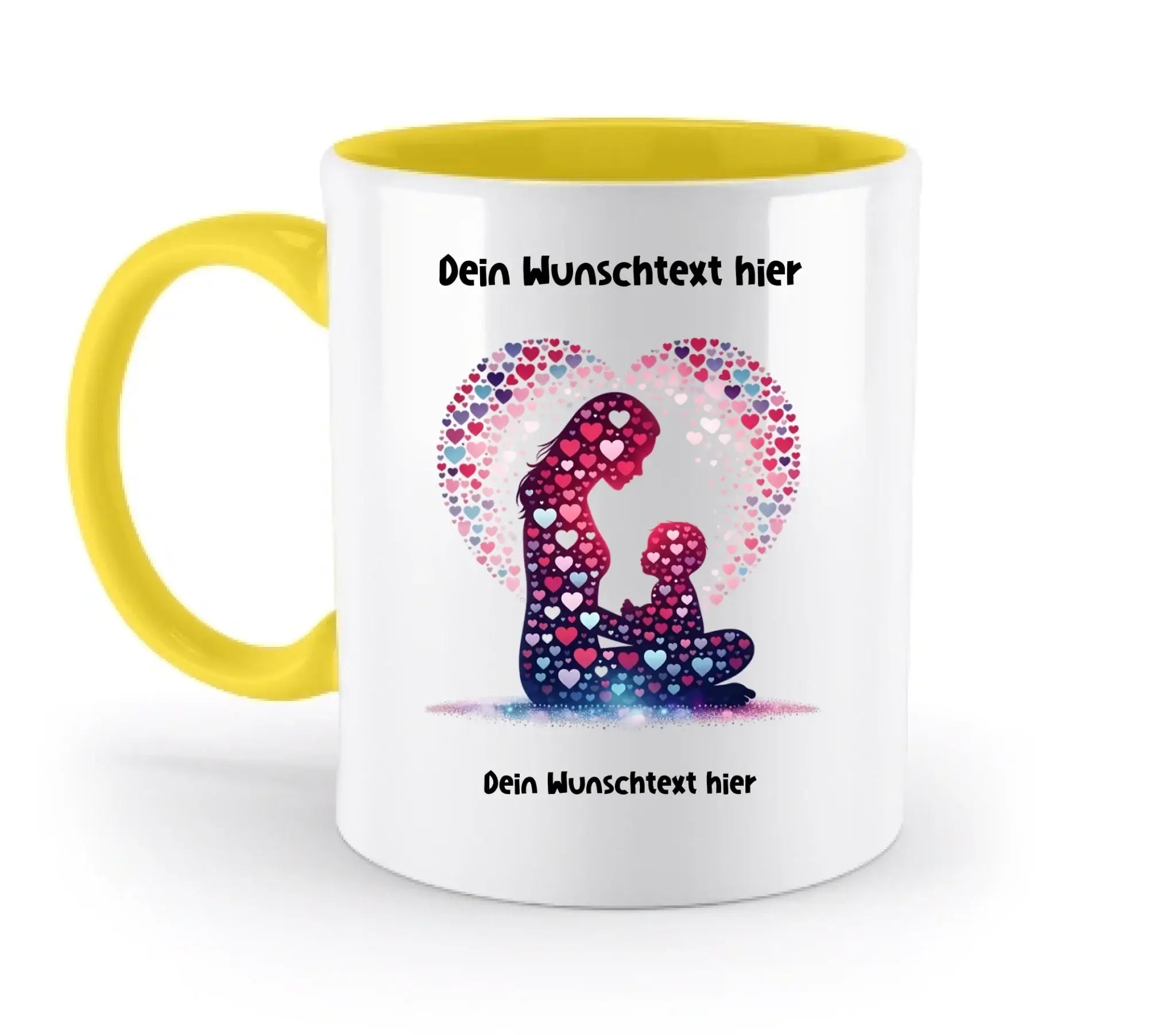 Weiße keramiktasse mit gelbem griff und innen, buntes herz-motiv mutter und kind aus statement-collection