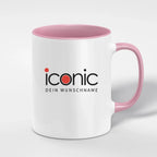 Weiße keramiktasse mit pinkem griff und innenfarbe, ikonic logodruck schwarz mit roten akzenten, spülmaschinenfest