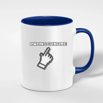 Weiße keramik tasse mit blauem griff und innen, pixelierter cursor und grauer text bwunschname, personalisierte zweifarbige spülmaschinenfeste tasse