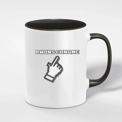 Weiße keramik tasse mit schwarzem griff innen und pixel cursor motiv namenslogo influencer zweifarbige spülmaschinenfest