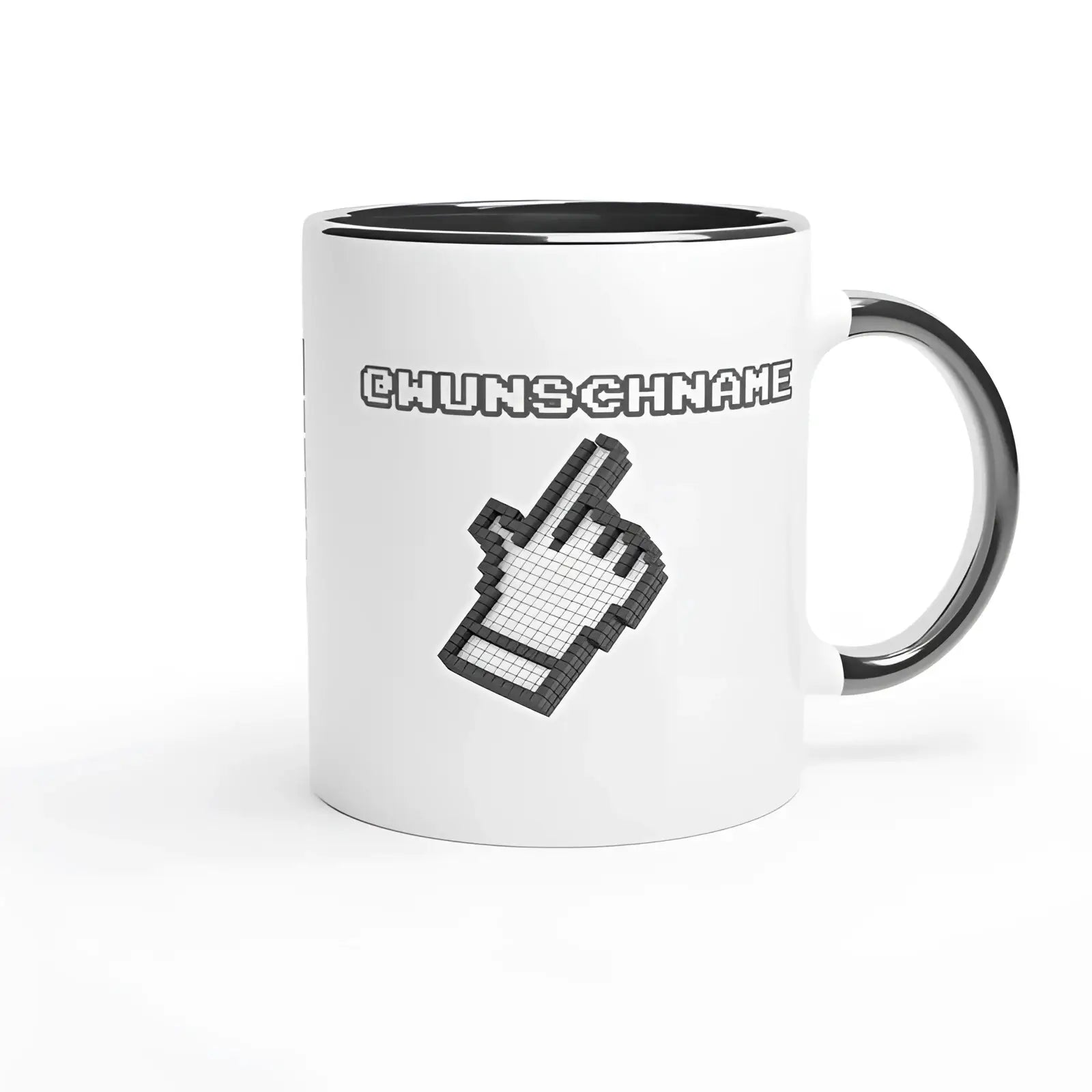 Weiße keramiktasse mit schwarzem griff und innenseite, pixeliger graustufen zeigefinger, personalisierbar spülmaschinenfest