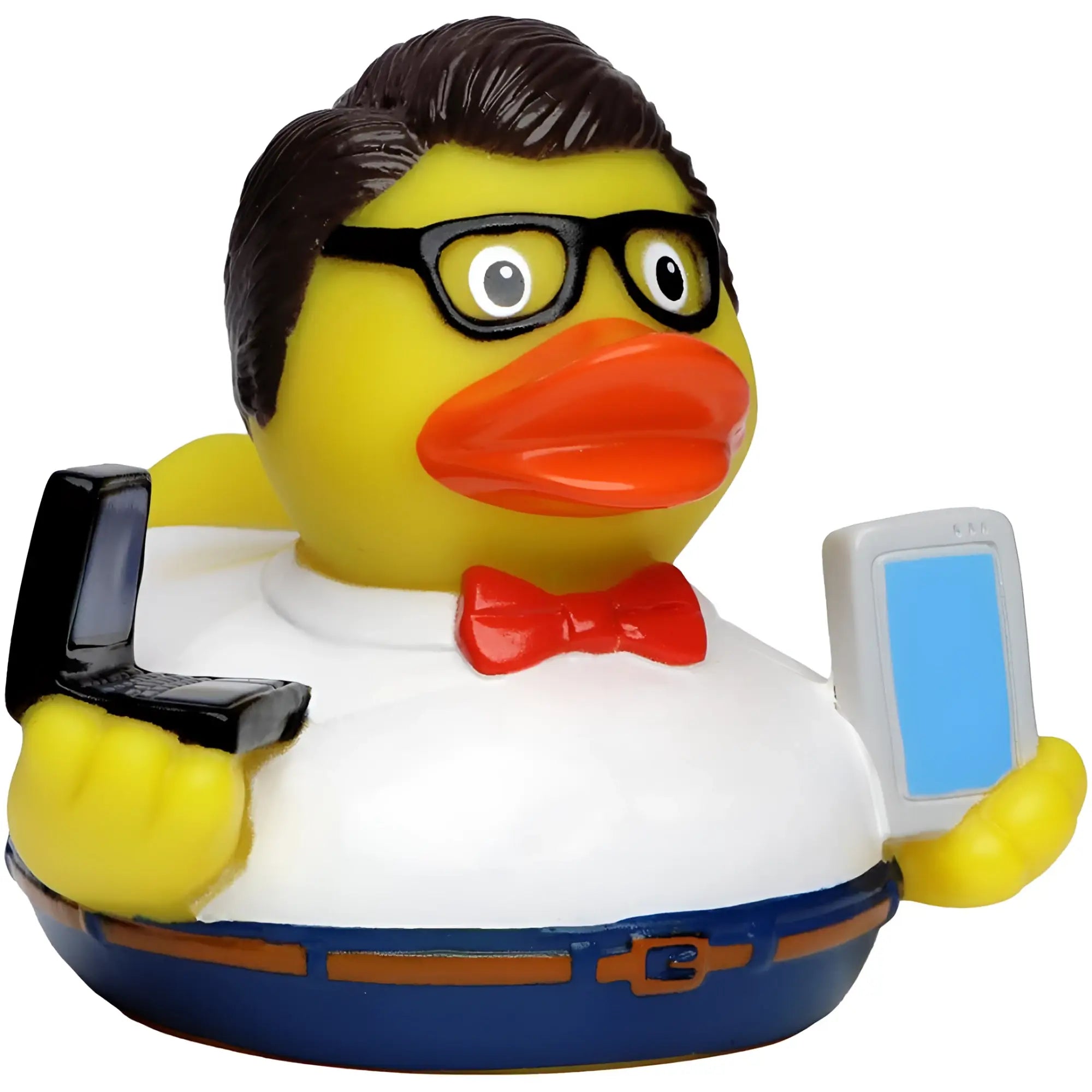 Eine gelbe badeente mit braunen haaren schwarzen brillen und roter schleife als nerd im geschäftsoutfit