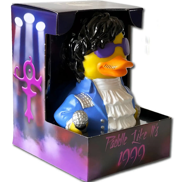 Gelbe gummiente als prinz mit blauem jackett silberverzierung weißem kragen lila sonnenbrille mikrofon badeente paddle like it´s 1999 celebriducks