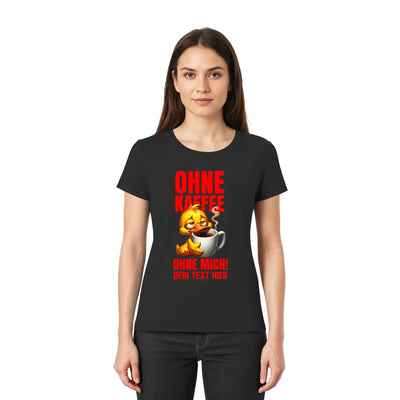 Schwarzes kurzarmshirt mit gelbem cartoonküken und kaffeetasse sowie rotem deutscher text ohne kaffee ohne mich