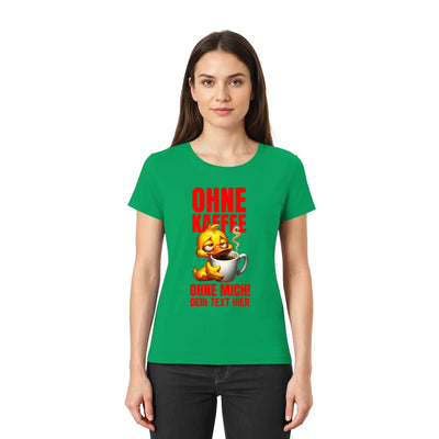 Grünes kurzarmshirt aus baumwolle mit cartoon-küken und rotem deutschsprachigem text ohne kaffee ohne mich