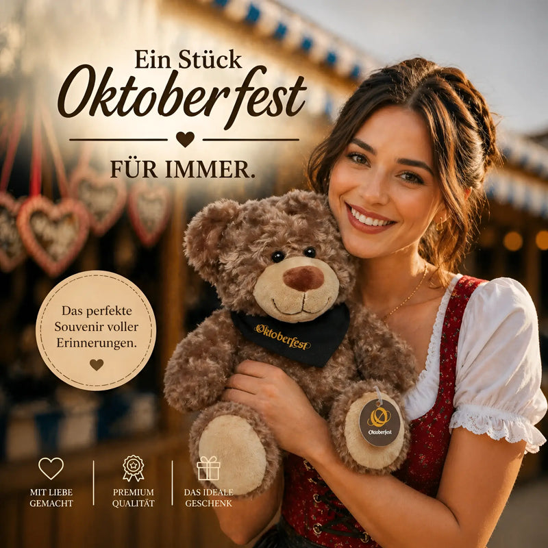 A plush brauner oktoberfest bär bodo stofftier mit schwarzem bandana und besticktem oktoberfest text