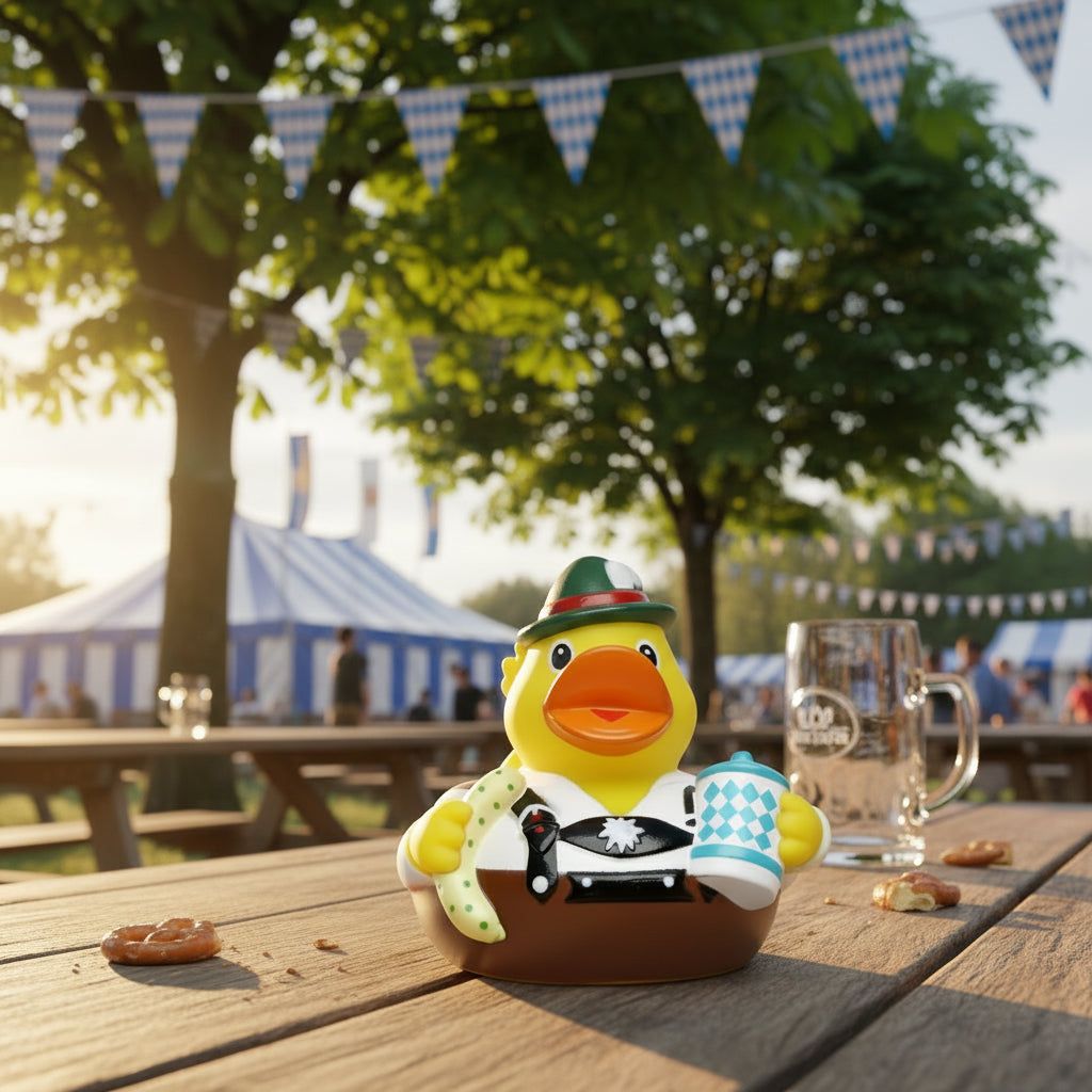 Gelbe quietscheente mit grünem hut rot weißer traditoneller kleidung hält gefleckten bananen und blau weiß kariert tasse beim oktoberfest bayer bavaria edition