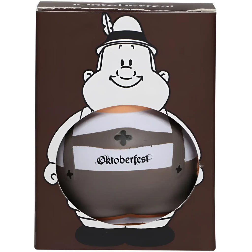 Ein glänzend dunkelbraunes oktoberfest bierflaschen-anti-stress-quetsschfigur in bayrischer traditioneller kleidung