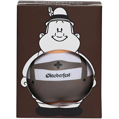 Ein glänzend dunkelbraunes oktoberfest bierflaschen-anti-stress-quetsschfigur in bayrischer traditioneller kleidung