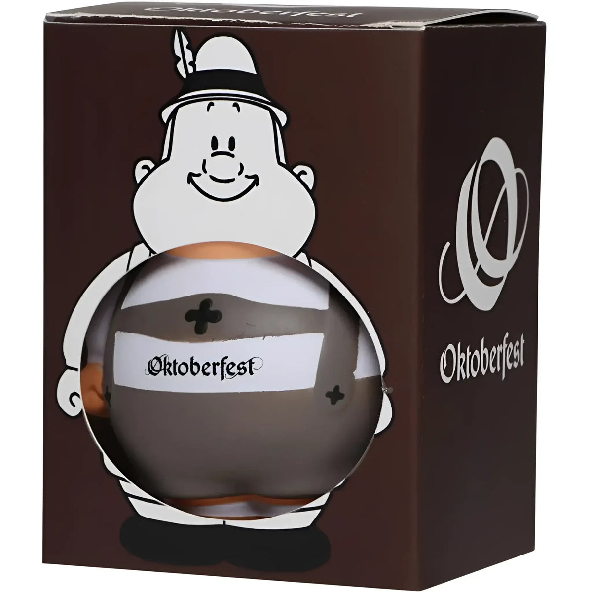Rundes dunkelbraunes glasfläschchen mit weißem etikett oktoberfest und schwarzen kreuzen für anti-stress-figur