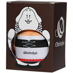 Weißer und schwarzer oktoberfest-themed Tasse mit rotem rand und cartoonfigur vom oktoberfest berta bayerin anti-stress-figur