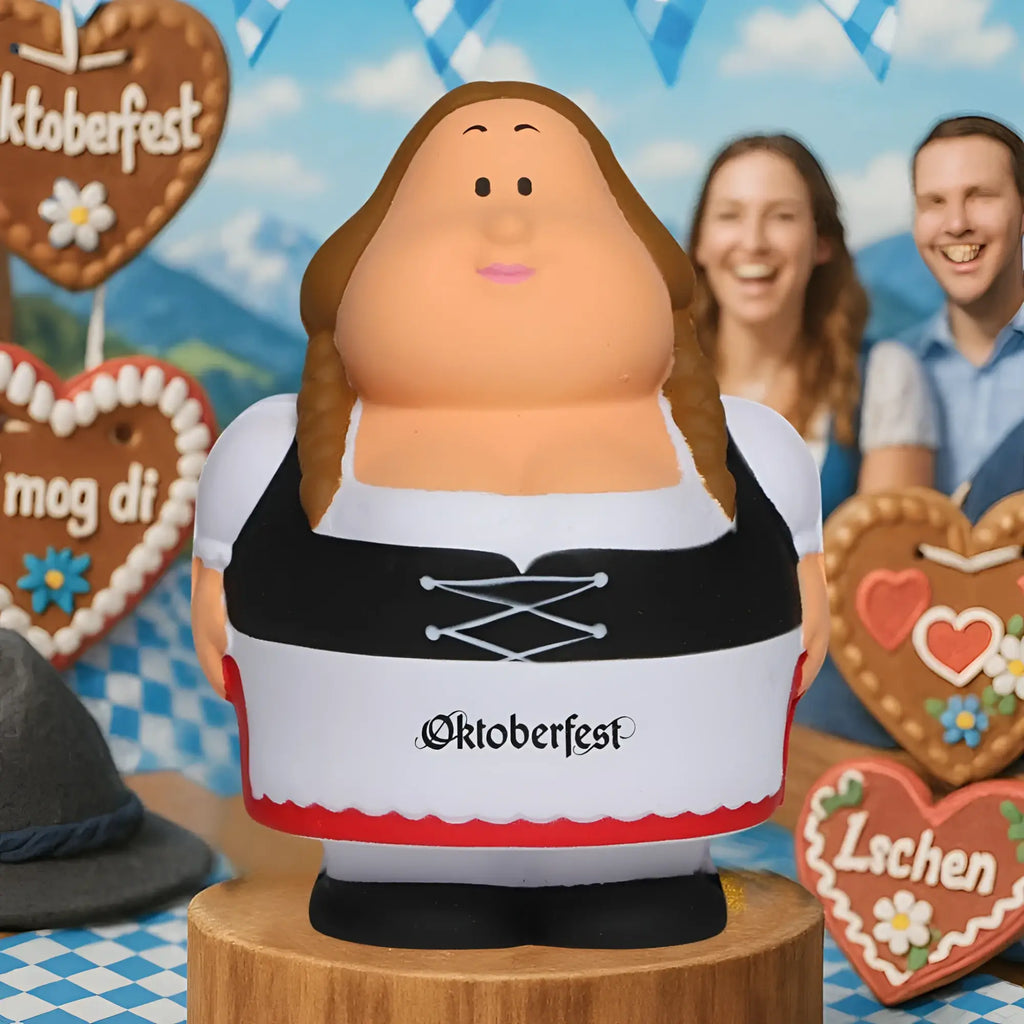 plush oktoberfest berta bayerin anti-stress-figur mit braun braids und schwarz-weiß corset dress