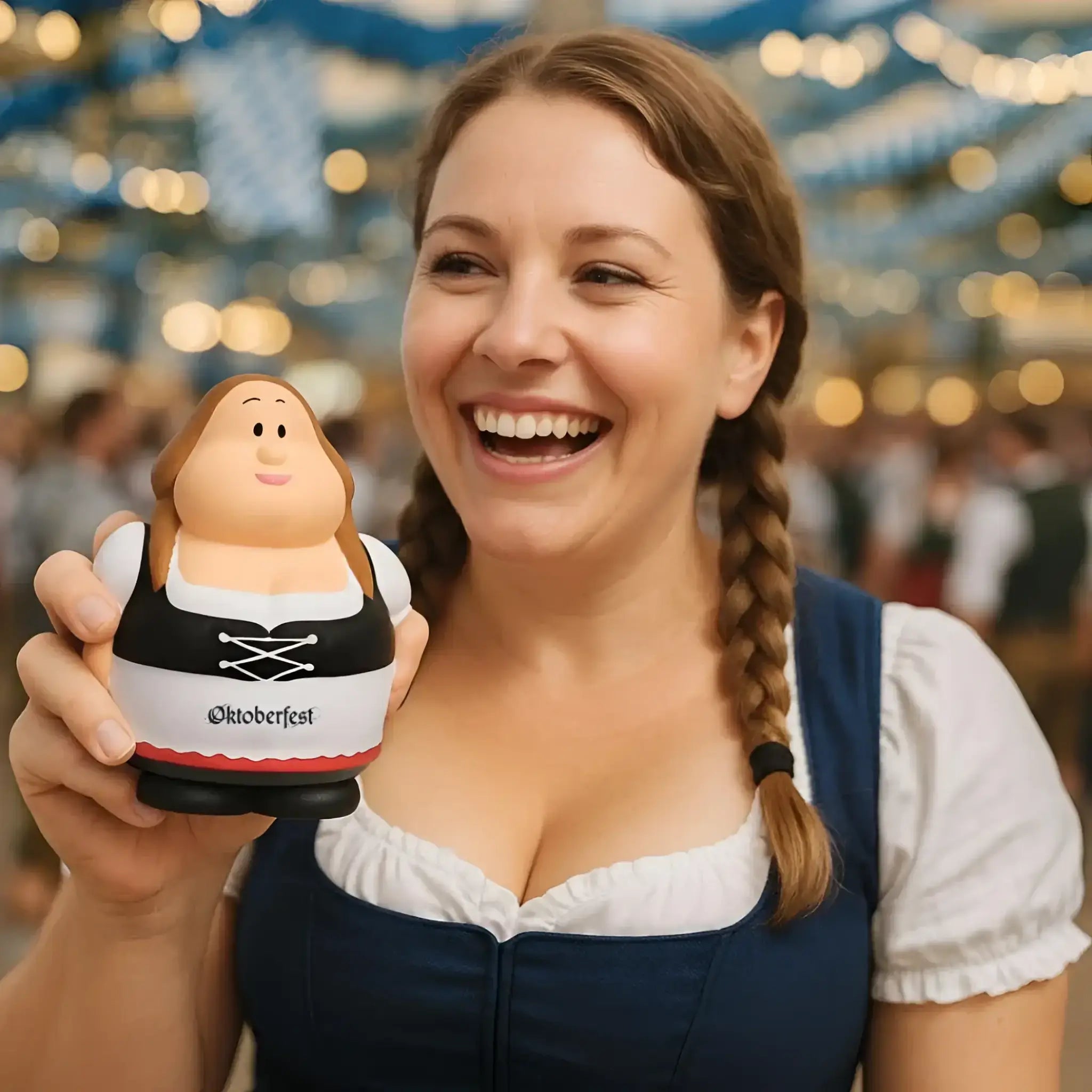 Eine fröhliche frau im traditionellen bayerischen dirndl hält eine schwarz-weiße oktoberfest-quetschfigur aus dem oktoberfest geschenkset bert & berta