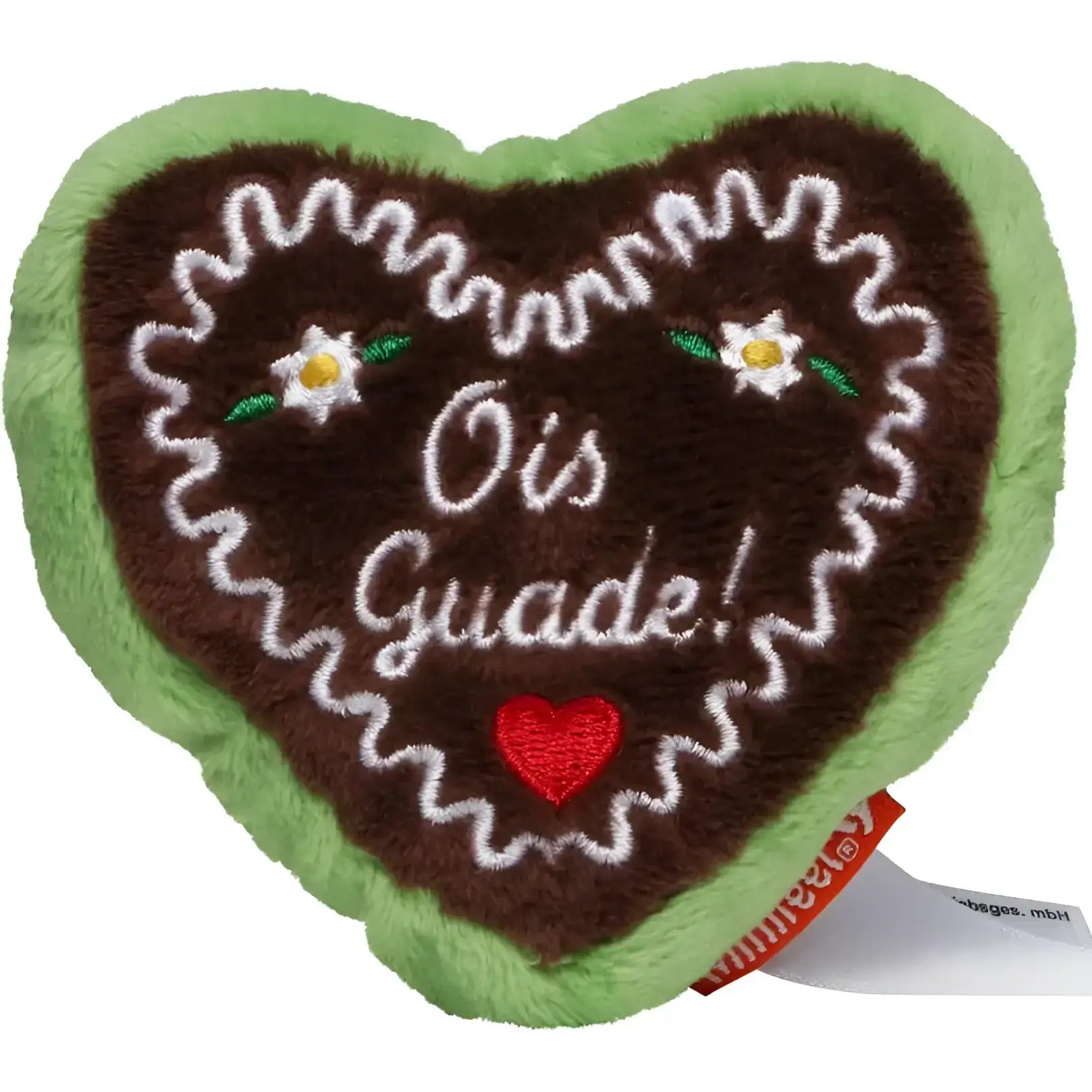 Heart-förmiges plüschspielzeug oktoberfest geschenkset mit schokoladenkeks-design grünem rand braunem mittelteil und weißem ois guade stickerei