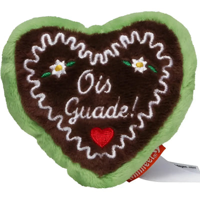 Heart-förmiges plüschspielzeug oktoberfest geschenkset mit schokoladenkeks-design grünem rand braunem mittelteil und weißem ois guade stickerei
